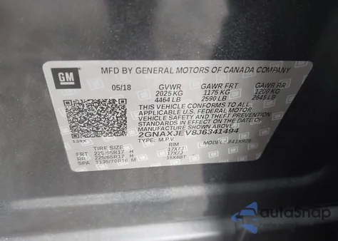 2018 Chevrolet Equinox Lt из США, поврежденный, VIN 2GNAXJEV8J6341494